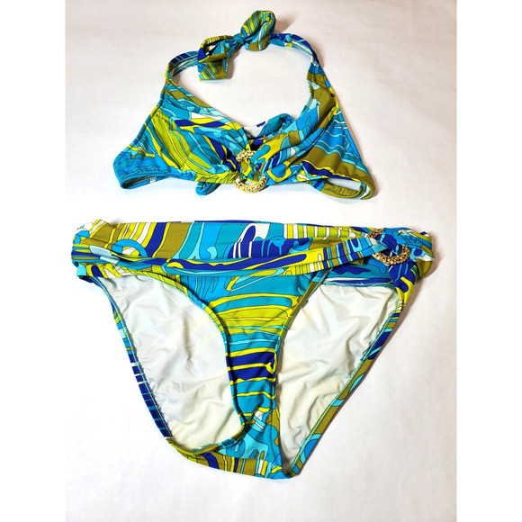 Trina Turk Bikini Swim Suit Womens 12 Bali Waves Resort Wear Colorful Gold - Picture 2 of 11